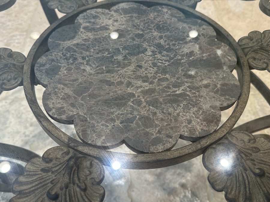 Round Glass Top Mexican Coffee Table With Wrought Iron Base And Marble Insert 42'R x 18.5'H [Photo 4]