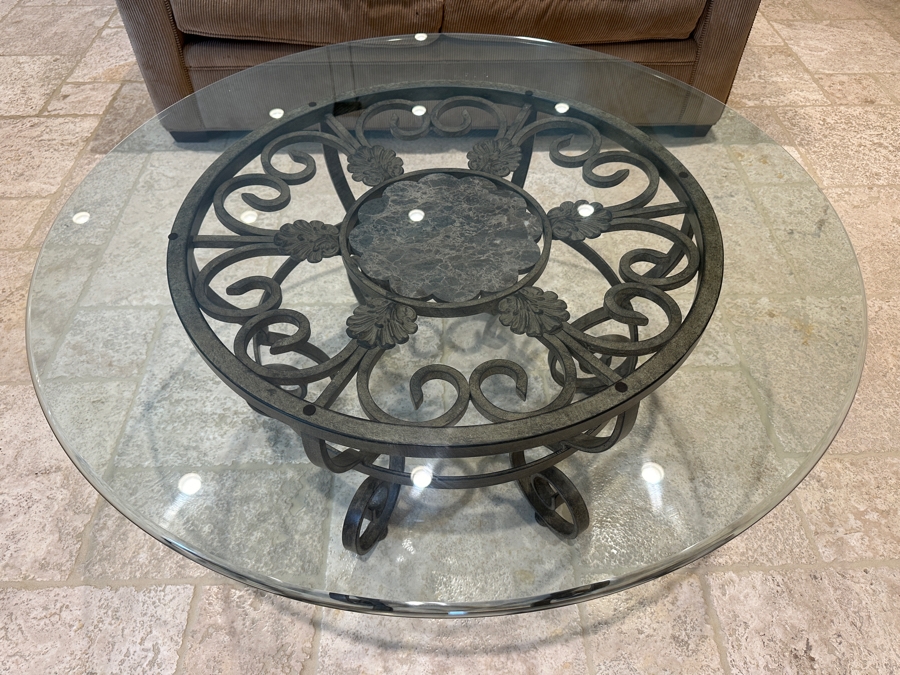 Round Glass Top Mexican Coffee Table With Wrought Iron Base And Marble Insert 42'R x 18.5'H [Photo 1]