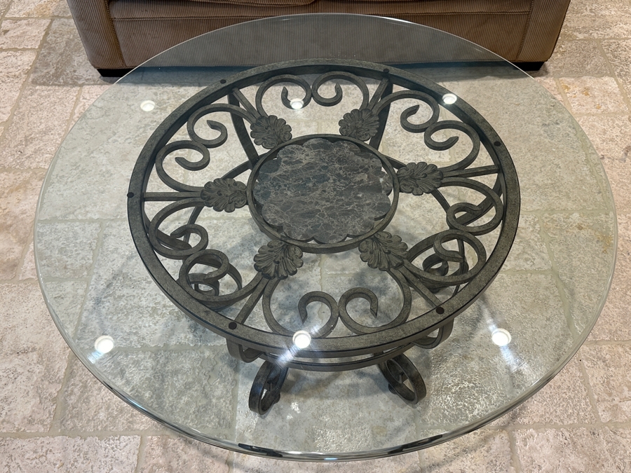 Round Glass Top Mexican Coffee Table With Wrought Iron Base And Marble Insert 42'R x 18.5'H [Photo 2]