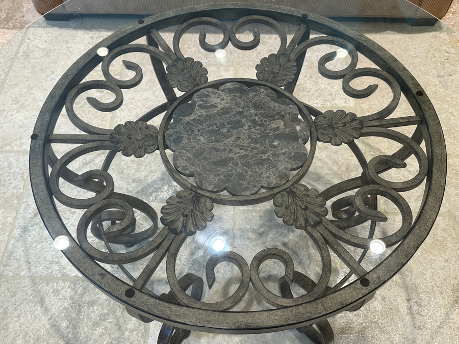 Round Glass Top Mexican Coffee Table With Wrought Iron Base And Marble Insert 42'R x 18.5'H [Photo 3]