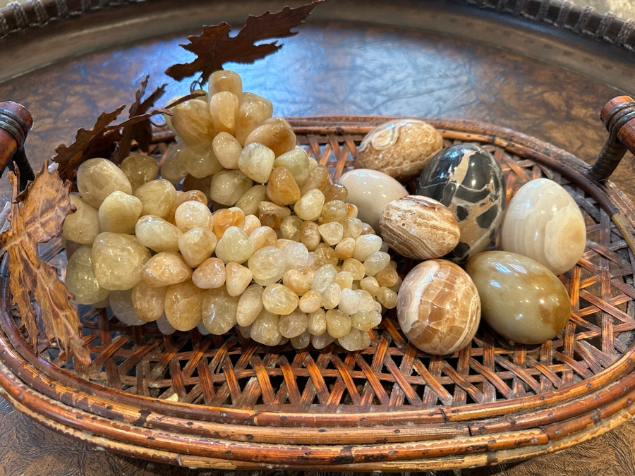 Woven Tray with Carved Stone Eggs and Grapes 17'W x 11'D [Photo 2]