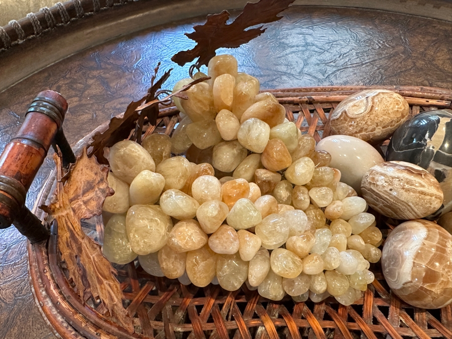 Woven Tray with Carved Stone Eggs and Grapes 17'W x 11'D [Photo 6]