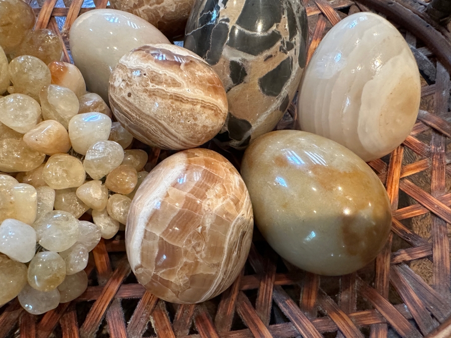 Woven Tray with Carved Stone Eggs and Grapes 17'W x 11'D [Photo 3]