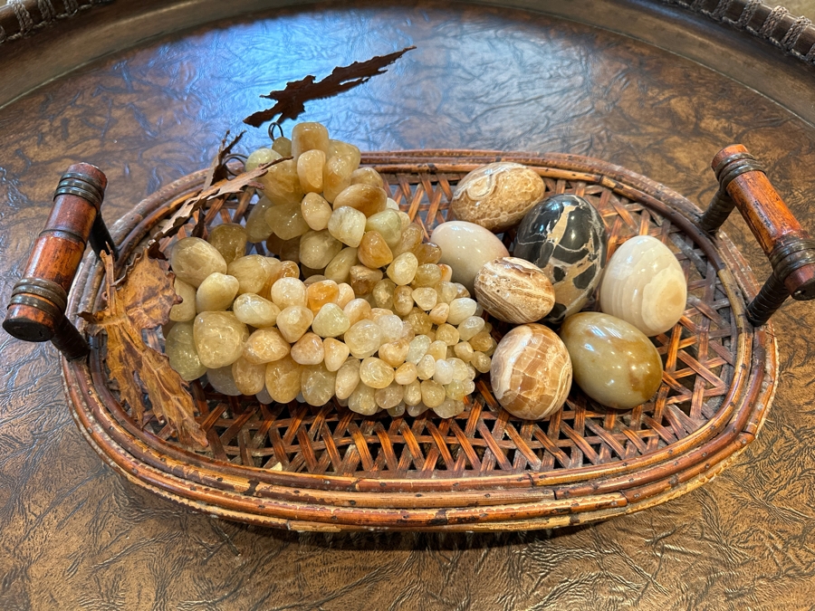 Woven Tray with Carved Stone Eggs and Grapes 17'W x 11'D [Photo 1]