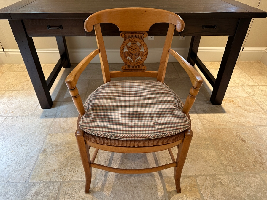 French Country Style Wooden Armchair with Woven Rope Seat and Carved Back