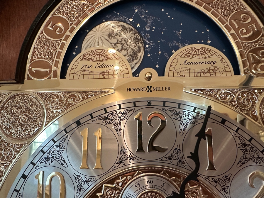 Howard Miller 71st Anniversary Edition 'The Rochester' Floor Clock in Windsor Cherry Case with Olive Ash Burls and Carved Overlay Shell Model #610-793 Serial #70240205 21'W x 12'D x 85'H [Photo 4]