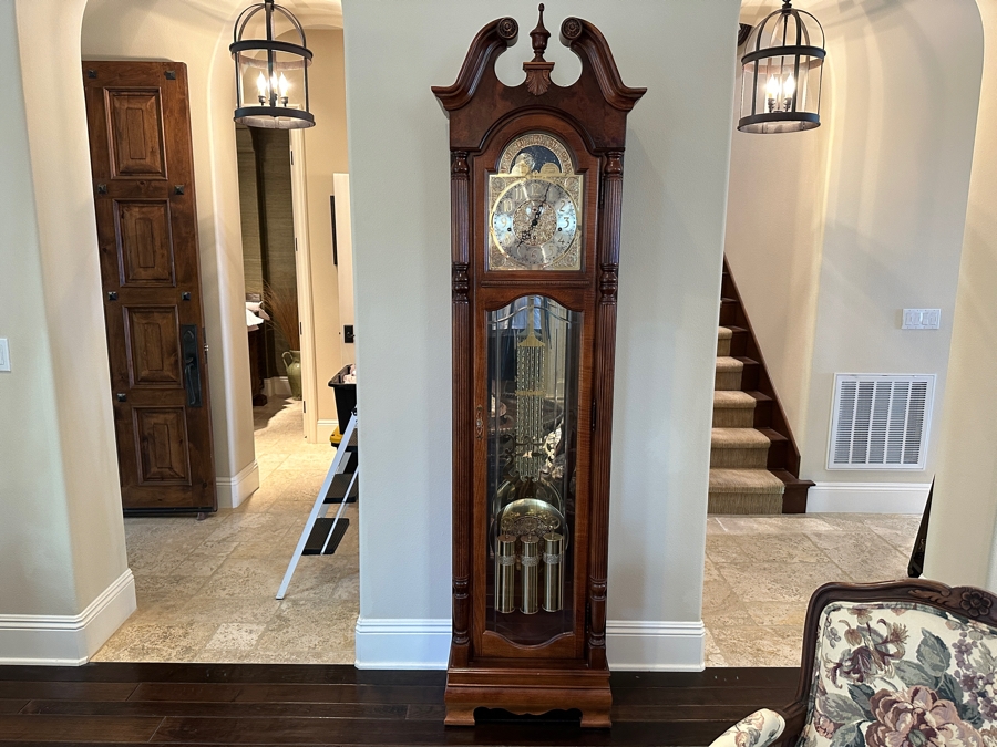 Howard Miller 71st Anniversary Edition 'The Rochester' Floor Clock in Windsor Cherry Case with Olive Ash Burls and Carved Overlay Shell Model #610-793 Serial #70240205 21'W x 12'D x 85'H [Photo 2]