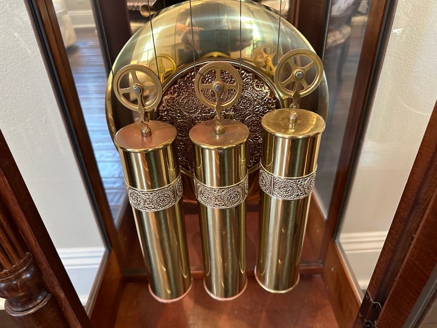 Howard Miller 71st Anniversary Edition 'The Rochester' Floor Clock in Windsor Cherry Case with Olive Ash Burls and Carved Overlay Shell Model #610-793 Serial #70240205 21'W x 12'D x 85'H [Photo 8]