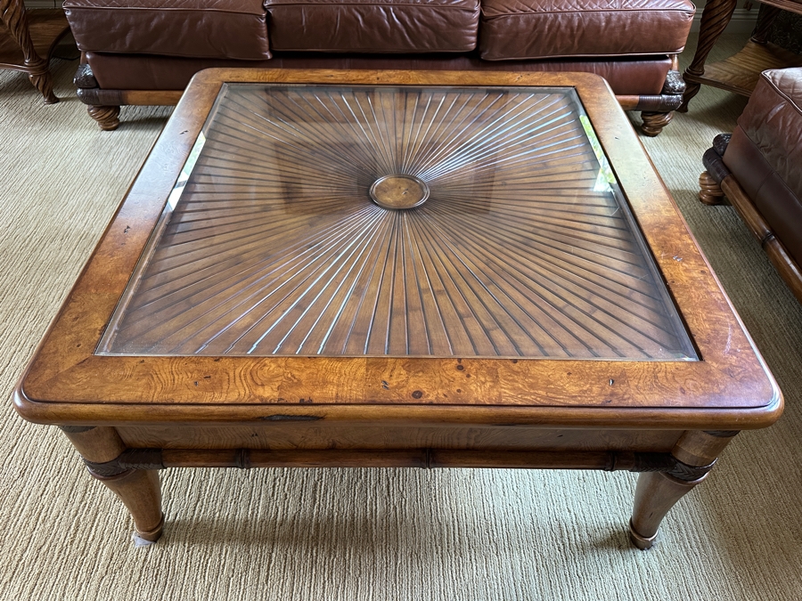Wooden Coffee Table With Sunburst Pattern Top And Drawer By Schnadig Furniture 41.5' X 41.5' 20'H