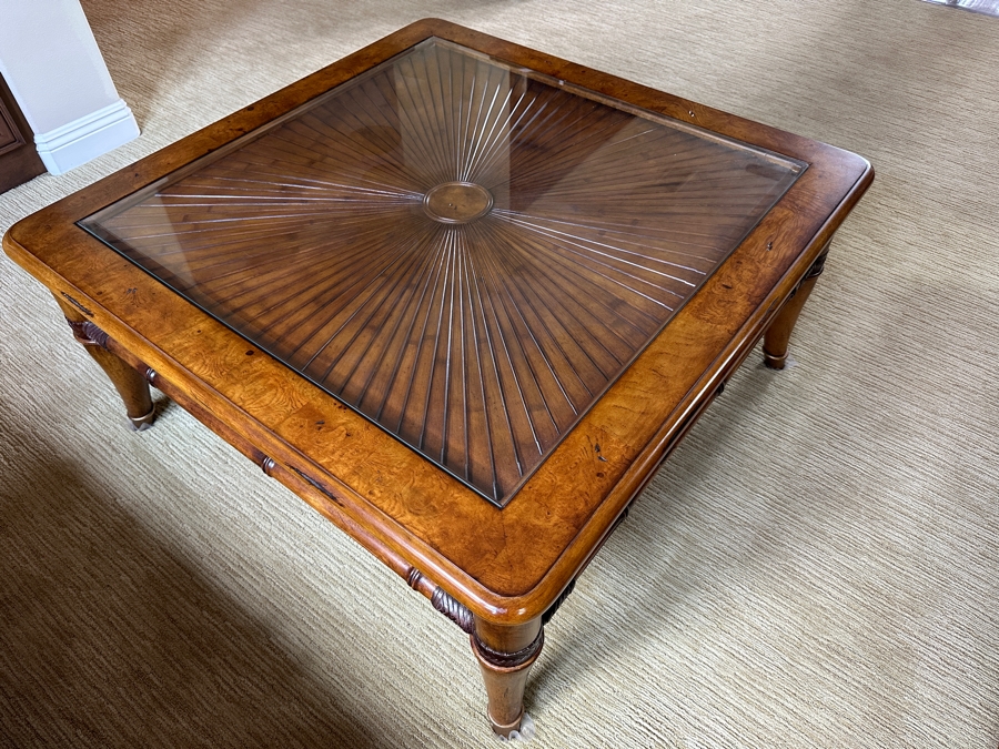 Wooden Coffee Table With Sunburst Pattern Top And Drawer By Schnadig Furniture 41.5' X 41.5' 20'H [Photo 7]