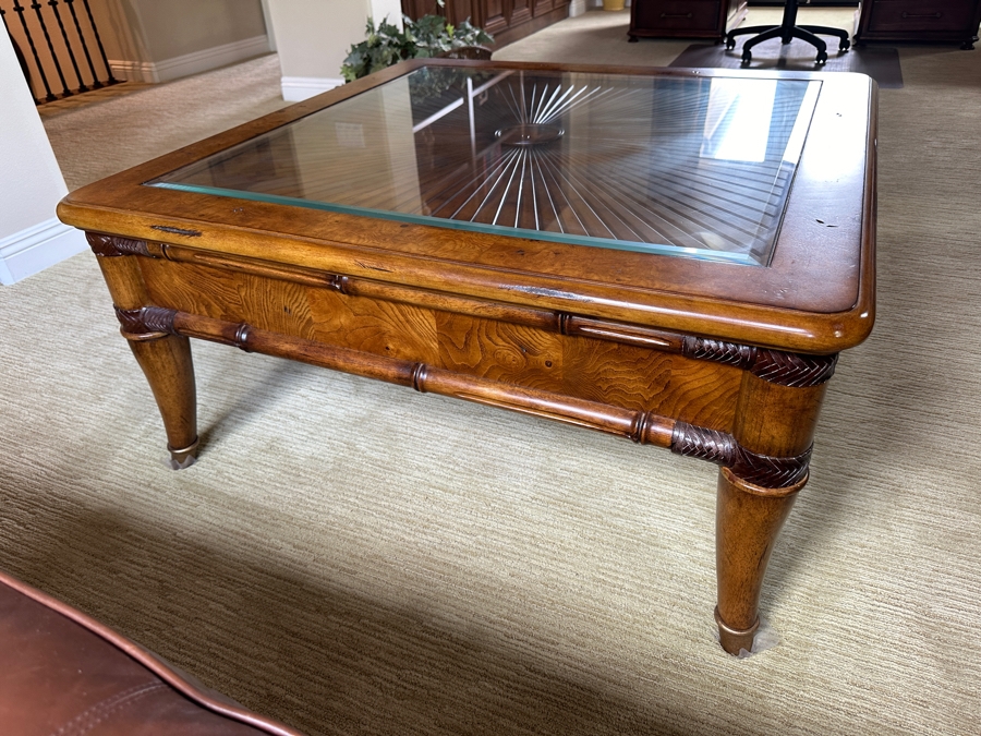 Wooden Coffee Table With Sunburst Pattern Top And Drawer By Schnadig Furniture 41.5' X 41.5' 20'H [Photo 8]