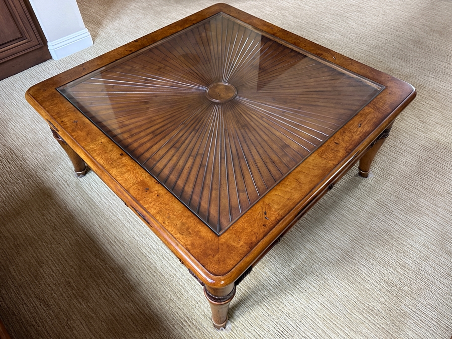 Wooden Coffee Table With Sunburst Pattern Top And Drawer By Schnadig Furniture 41.5' X 41.5' 20'H [Photo 6]