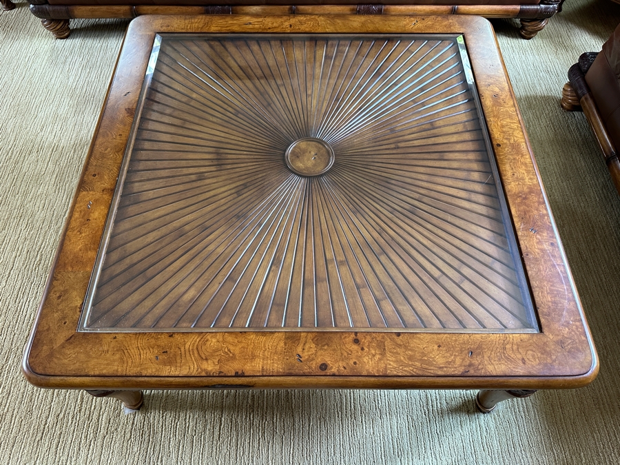 Wooden Coffee Table With Sunburst Pattern Top And Drawer By Schnadig Furniture 41.5' X 41.5' 20'H [Photo 2]