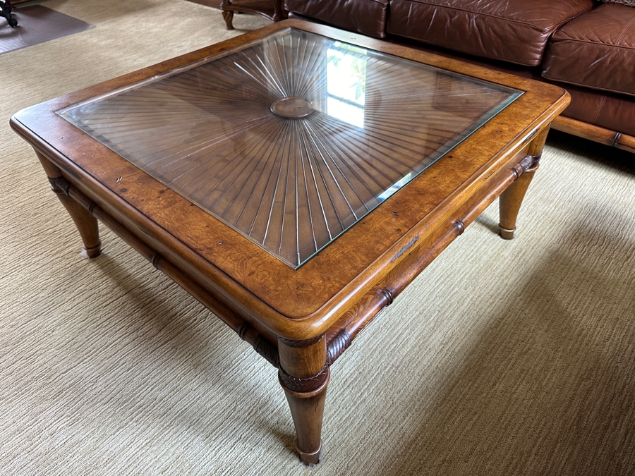 Wooden Coffee Table With Sunburst Pattern Top And Drawer By Schnadig Furniture 41.5' X 41.5' 20'H [Photo 3]