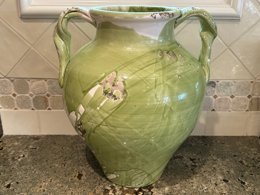 Tuscany Italy Double Handled Glazed Green Pottery Vase 16'H