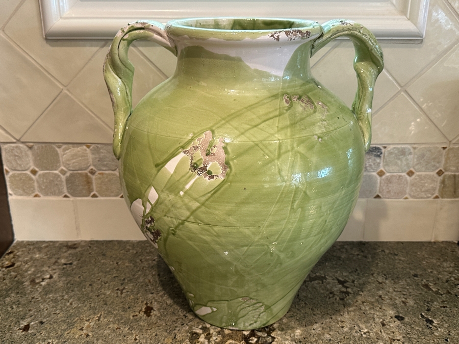 Tuscany Italy Double Handled Glazed Green Pottery Vase 16'H [Photo 2]