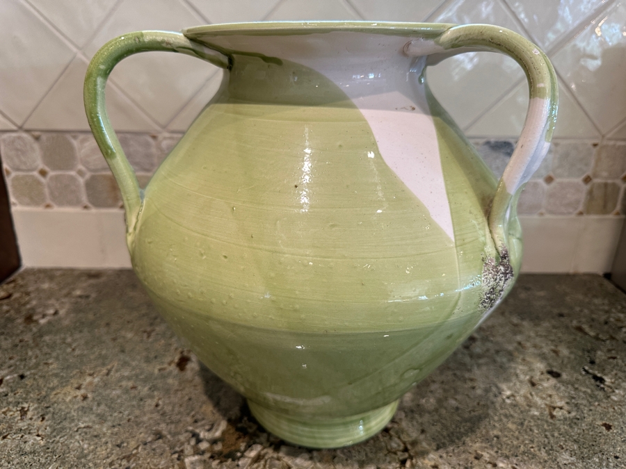 Tuscany Italy Triple Handled Glazed Light Green Pottery Vase 12'H Retails $130