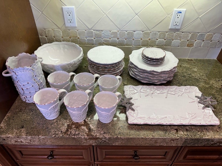 Mud Pie Seashell Pattern Set of Dishes, Platter, Coffee Cups, Vase and Bowl [Photo 1]