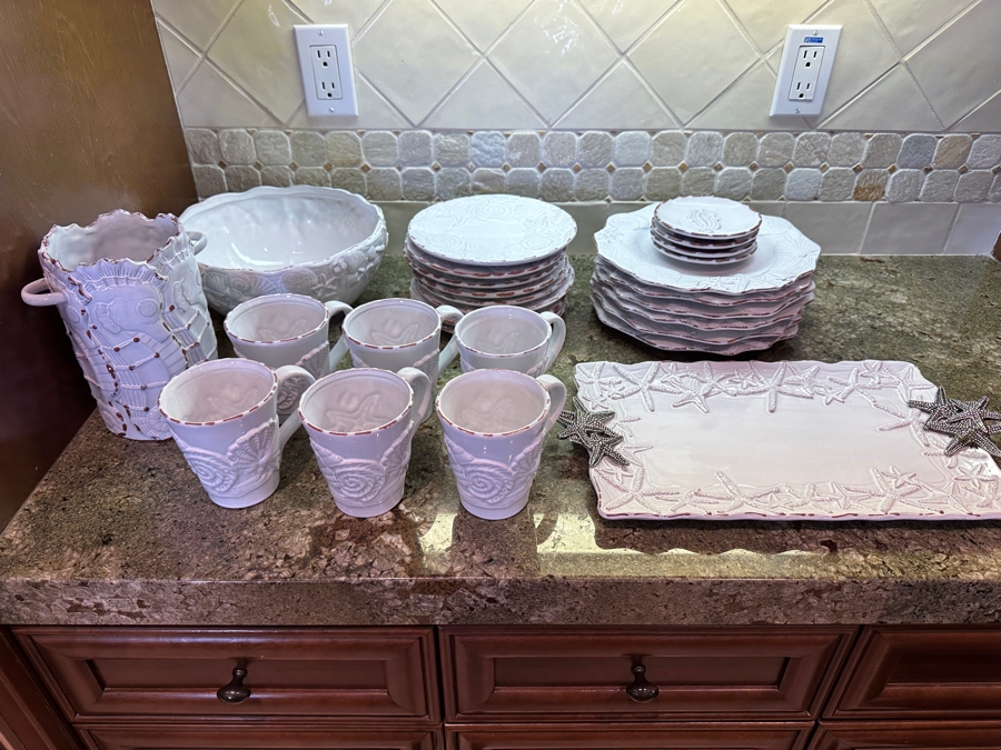 Mud Pie Seashell Pattern Set of Dishes, Platter, Coffee Cups, Vase and Bowl [Photo 11]