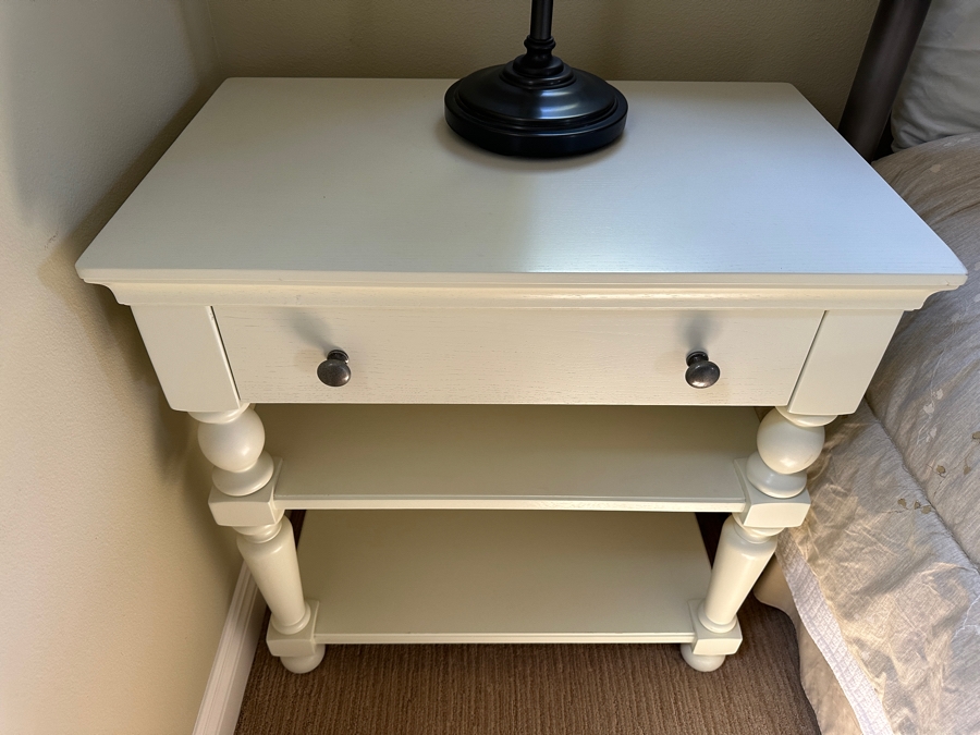 (2) White Wooden Nightstands with Drawer and Two Shelves 29'W x 18'D x 29'H [Photo 3]