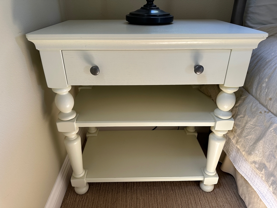(2) White Wooden Nightstands with Drawer and Two Shelves 29'W x 18'D x 29'H [Photo 2]