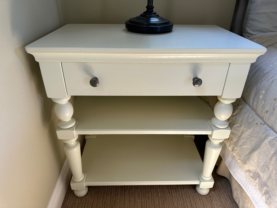 (2) White Wooden Nightstands with Drawer and Two Shelves 29'W x 18'D x 29'H [Photo 1]