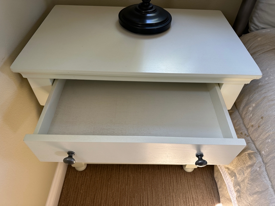 (2) White Wooden Nightstands with Drawer and Two Shelves 29'W x 18'D x 29'H [Photo 4]