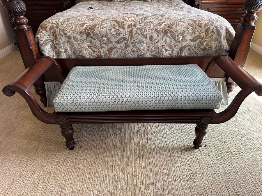 Cane and Wood Bench with Cushion 65'W x 22'D x 23'H
