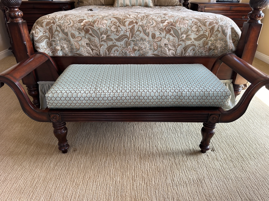 Cane and Wood Bench with Cushion 65'W x 22'D x 23'H [Photo 2]