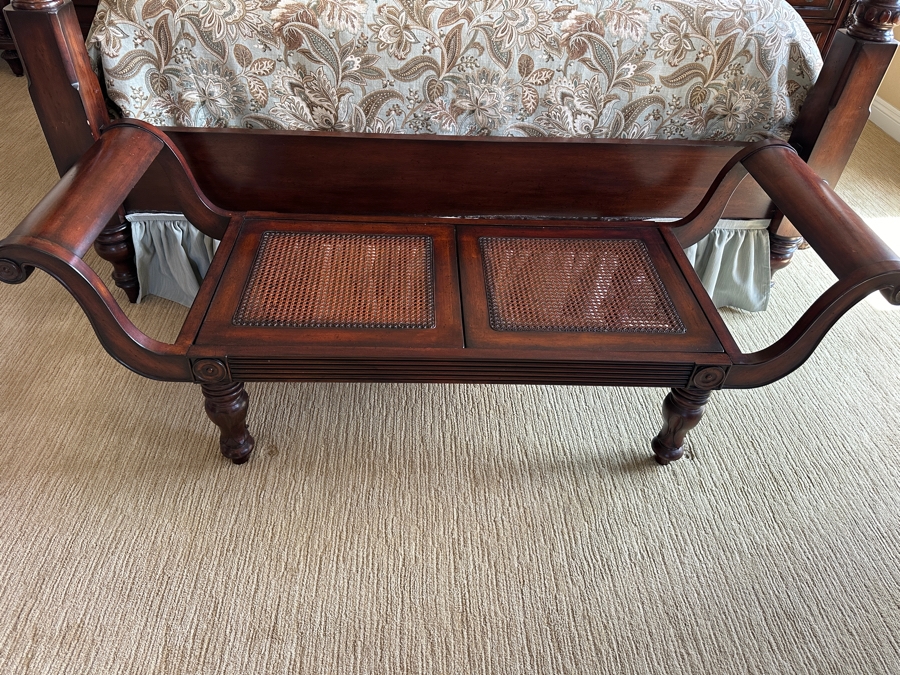 Cane and Wood Bench with Cushion 65'W x 22'D x 23'H [Photo 5]