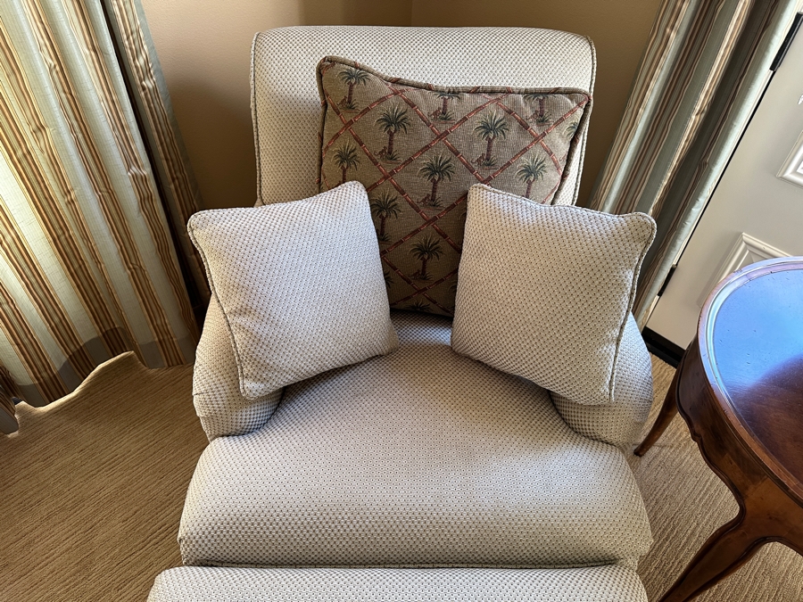 Upholstered Armchair with Ottoman Measurements: Chair - 30'W x 38D x 34'H Ottoman 28'W x 22'D x 19'H [Photo 5]