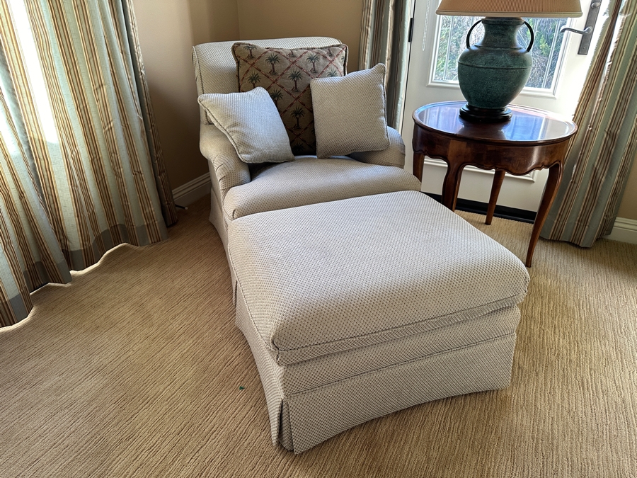 Upholstered Armchair with Ottoman Measurements: Chair - 30'W x 38D x 34'H Ottoman 28'W x 22'D x 19'H [Photo 3]