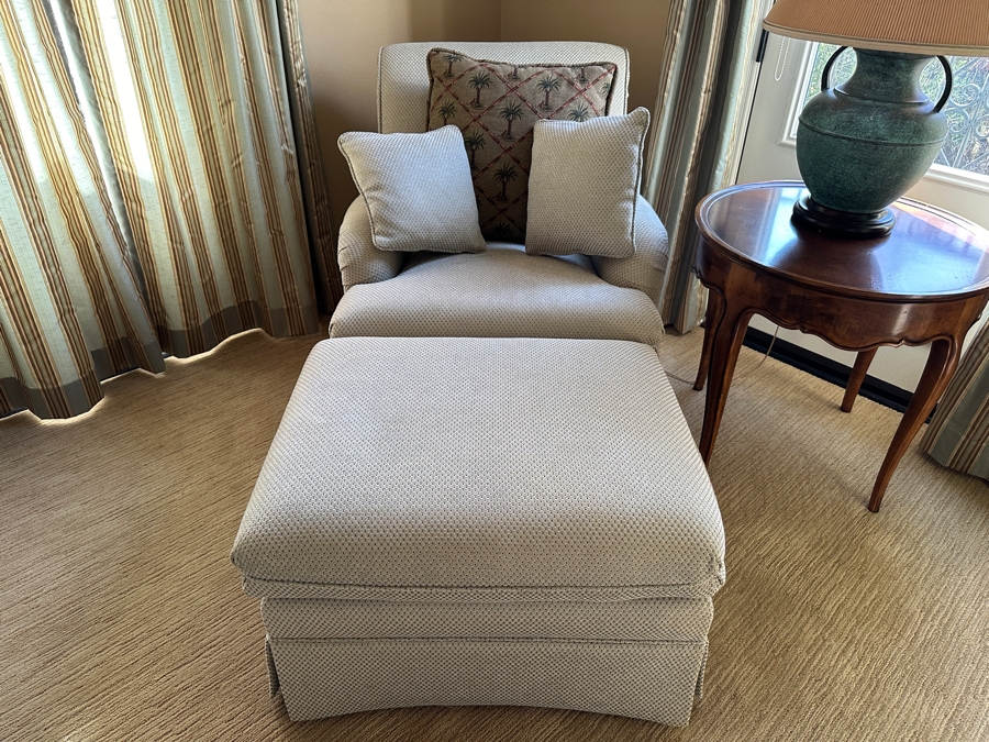 Upholstered Armchair with Ottoman Measurements: Chair - 30'W x 38D x 34'H Ottoman 28'W x 22'D x 19'H [Photo 4]