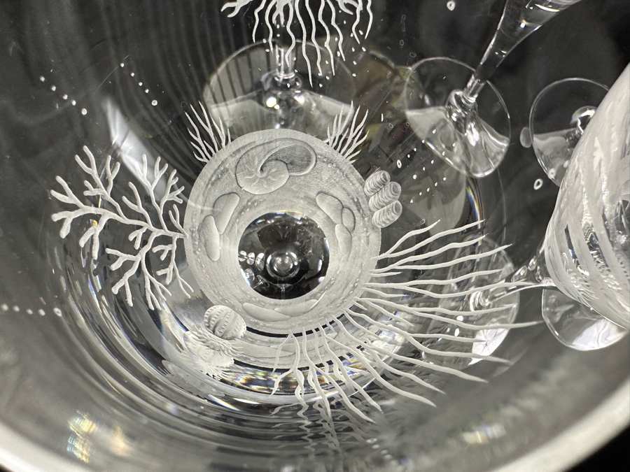Set of (8) Vintage Belfor Savannah Crystal Wine Glasses with Hand-Etched Underwater Motif 8.5'H [Photo 4]