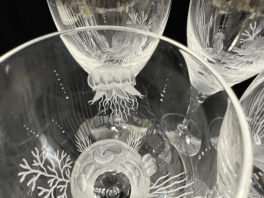 Set of (8) Vintage Belfor Savannah Crystal Wine Glasses with Hand-Etched Underwater Motif 8.5'H [Photo 5]