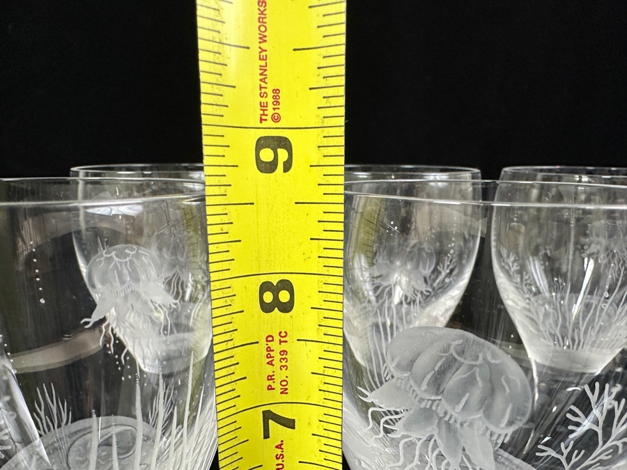 Set of (8) Vintage Belfor Savannah Crystal Wine Glasses with Hand-Etched Underwater Motif 8.5'H [Photo 8]