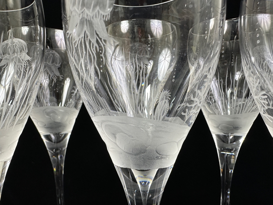 Set of (8) Vintage Belfor Savannah Crystal Wine Glasses with Hand-Etched Underwater Motif 8.5'H [Photo 3]