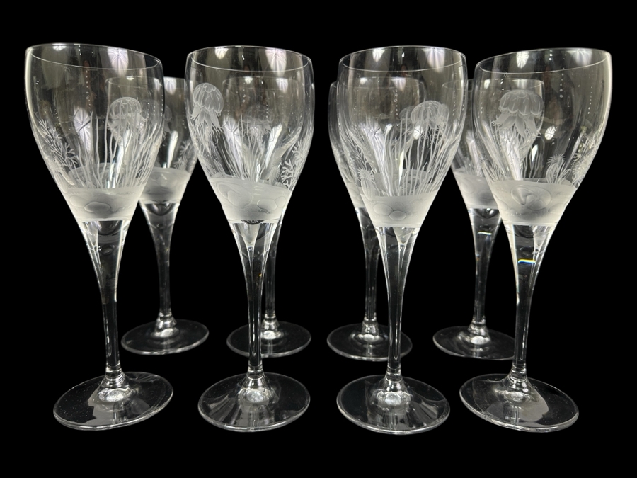 Set of (8) Vintage Belfor Savannah Crystal Wine Glasses with Hand-Etched Underwater Motif 8.5'H