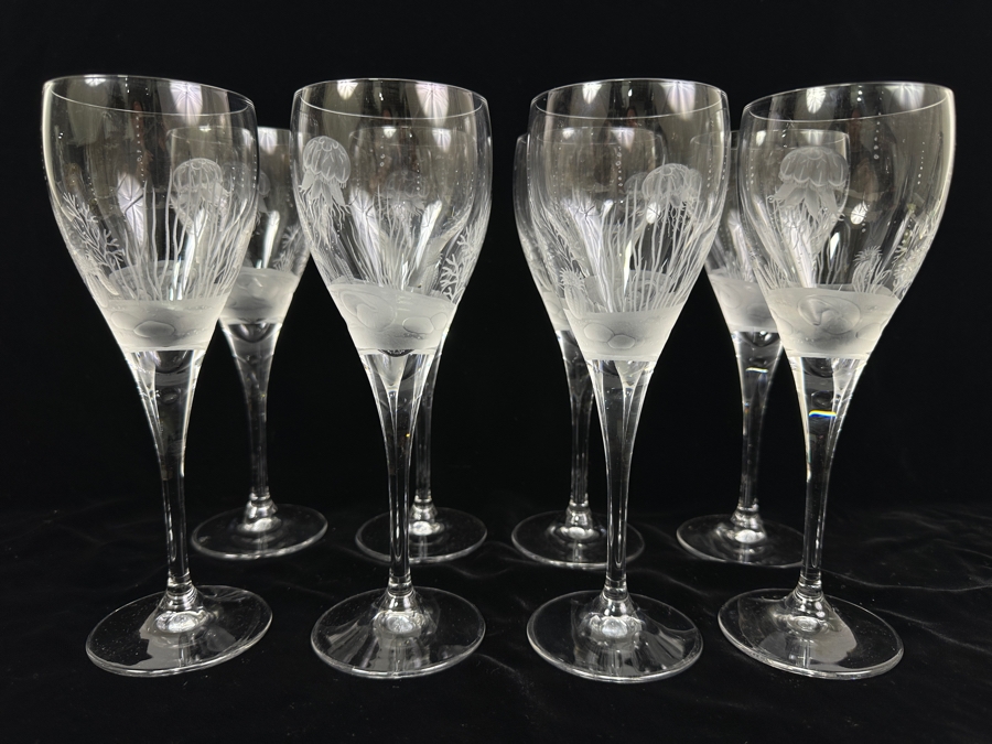 Set of (8) Vintage Belfor Savannah Crystal Wine Glasses with Hand-Etched Underwater Motif 8.5'H [Photo 6]