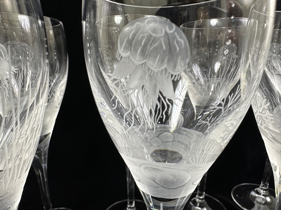 Set of (8) Vintage Belfor Savannah Crystal Wine Glasses with Hand-Etched Underwater Motif 8.5'H [Photo 2]