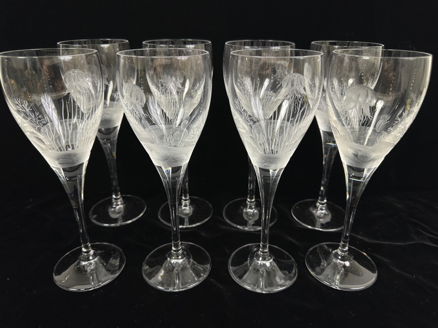Set of (8) Vintage Belfor Savannah Crystal Wine Glasses with Hand-Etched Underwater Motif 8.5'H [Photo 7]
