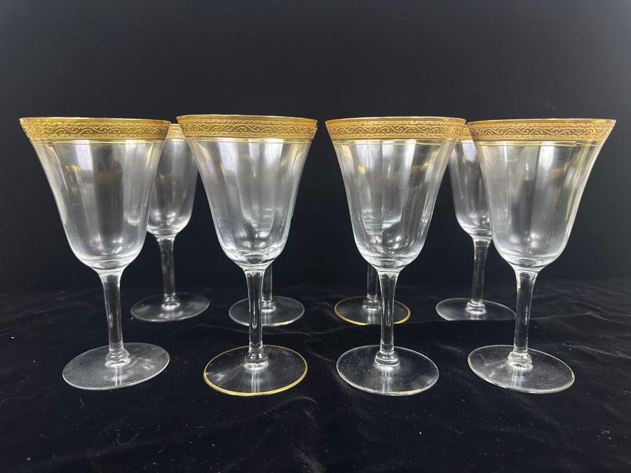 Set of (8) Vintage MCM Tiffin Franciscan Minton Crystal Stemware with Gold Encrusted Rim 7'H [Photo 4]