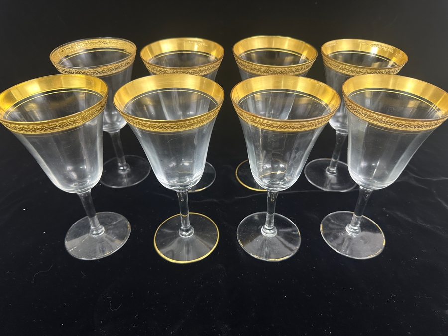 Set of (8) Vintage MCM Tiffin Franciscan Minton Crystal Stemware with Gold Encrusted Rim 7'H [Photo 3]