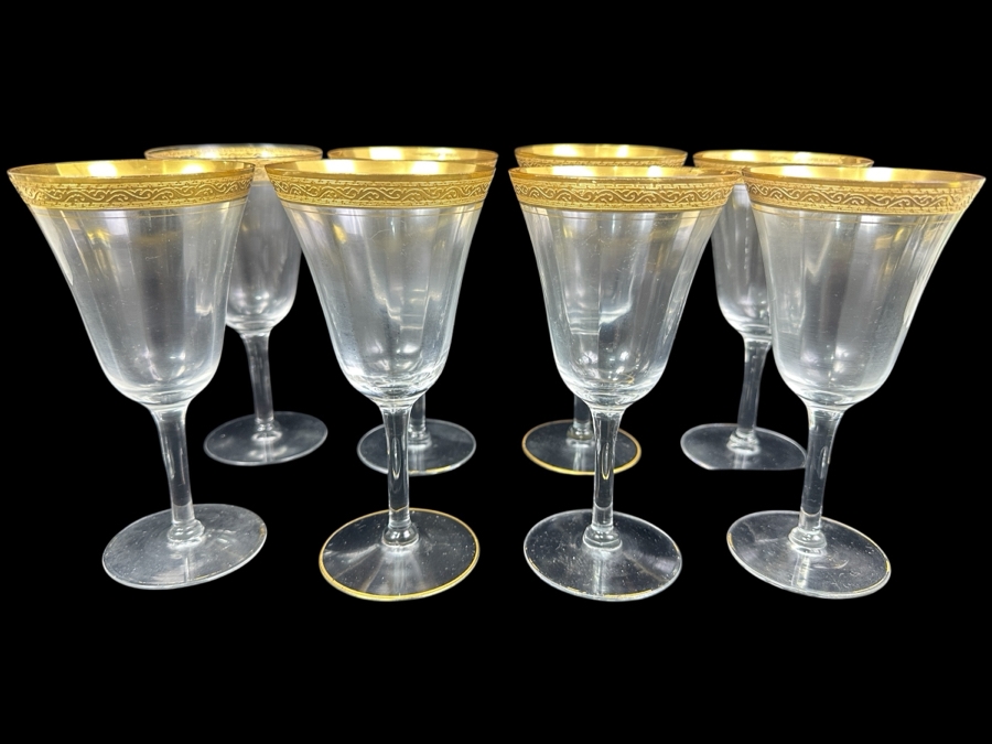 Set of (8) Vintage MCM Tiffin Franciscan Minton Crystal Stemware with Gold Encrusted Rim 7'H