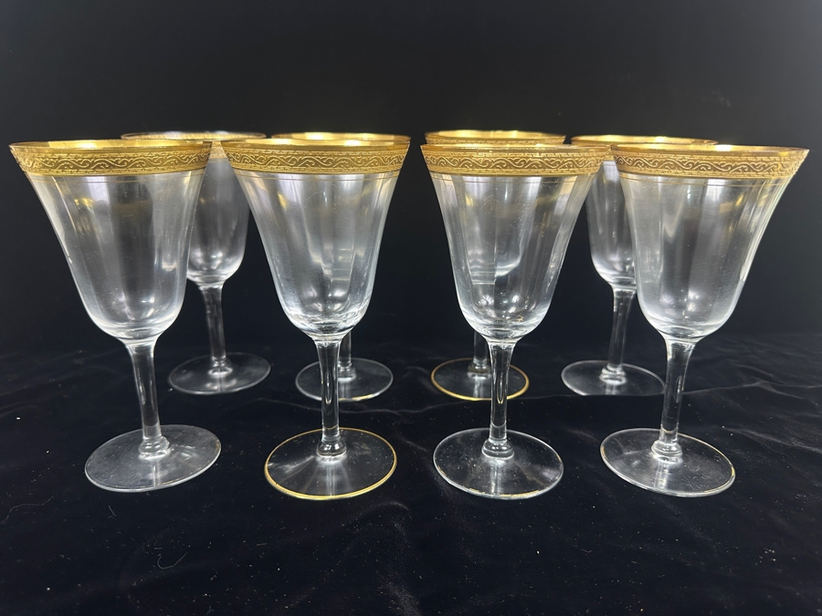 Set of (8) Vintage MCM Tiffin Franciscan Minton Crystal Stemware with Gold Encrusted Rim 7'H [Photo 2]
