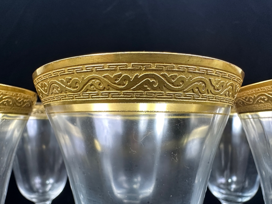 Set of (8) Vintage MCM Tiffin Franciscan Minton Crystal Stemware with Gold Encrusted Rim 7'H [Photo 6]