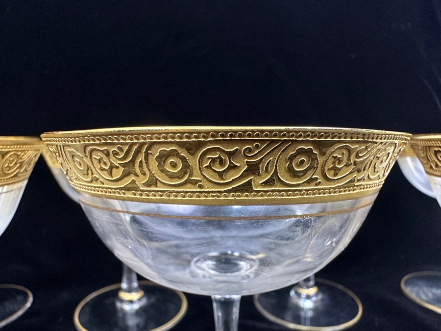 Set of (9) Vintage MCM Tiffin Franciscan Minton Crystal Champagne/Sherbert Glasses with Gold Encrusted Rim 4.25'H [Photo 4]