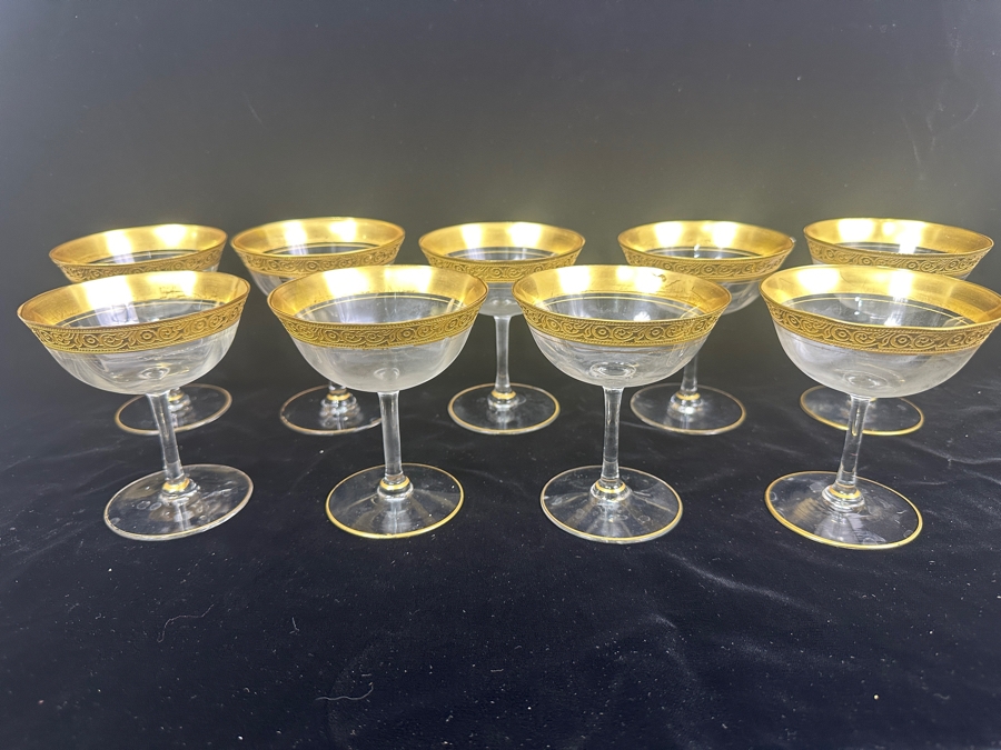 Set of (9) Vintage MCM Tiffin Franciscan Minton Crystal Champagne/Sherbert Glasses with Gold Encrusted Rim 4.25'H [Photo 3]