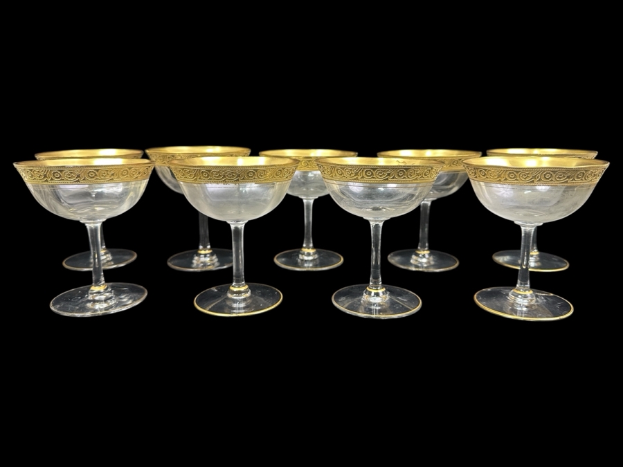 Set of (9) Vintage MCM Tiffin Franciscan Minton Crystal Champagne/Sherbert Glasses with Gold Encrusted Rim 4.25'H
