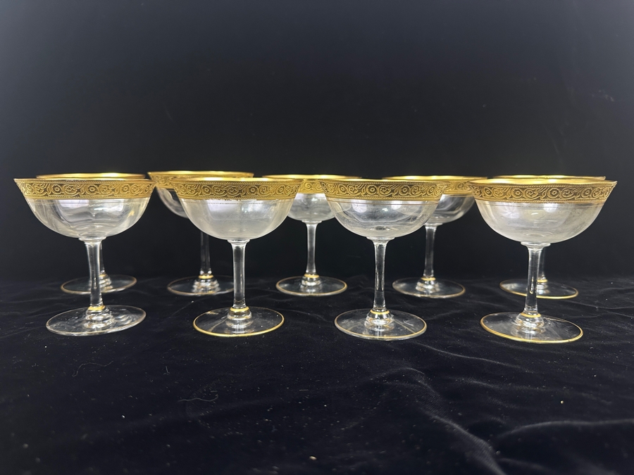 Set of (9) Vintage MCM Tiffin Franciscan Minton Crystal Champagne/Sherbert Glasses with Gold Encrusted Rim 4.25'H [Photo 2]